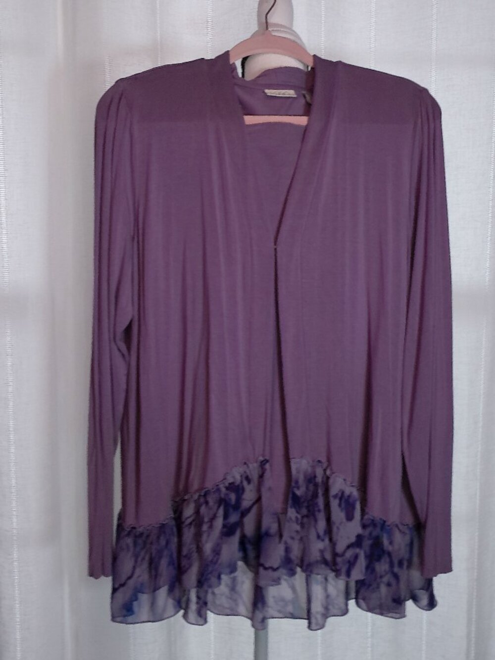 LOGO by Lori Goldstein Long Sleeve Open Front Mauvey Purple w/Ruffle Tunic L - Picture 2 of 9